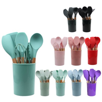 12pcs Sets Kitchen Cooking Tools Non Stick Cookware With Natural Wooden Handles Silicone Cooking Utensil